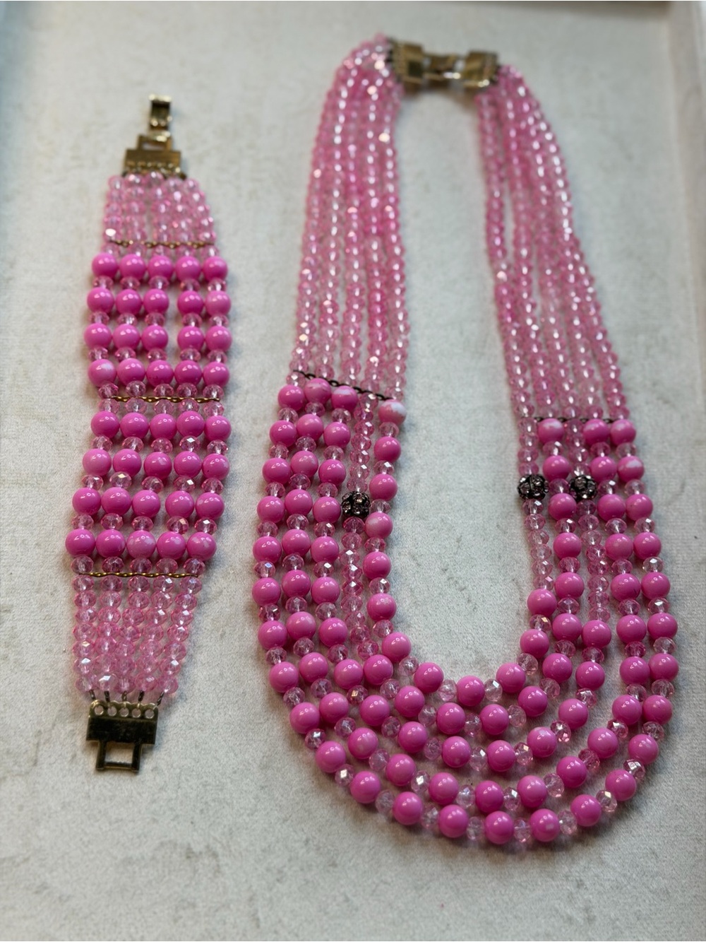 Vintage Pink Multi Strand Necklace & Bracelet Set
